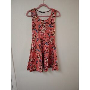 Lime Floral Skater Dress Coral Pink Sleeveless Fit and Flare Mini Dress Medium
